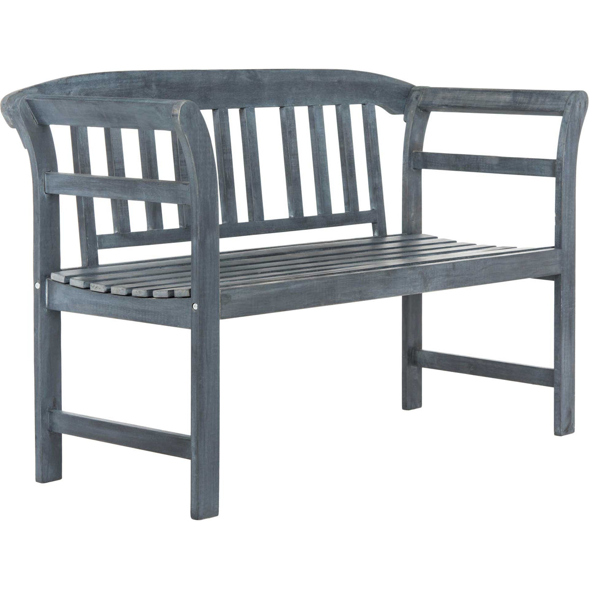 Ash gray acacia wood gives this slatted outdoor bench a weathered look with curved armrests. || PAT6742B || front_angle_studio