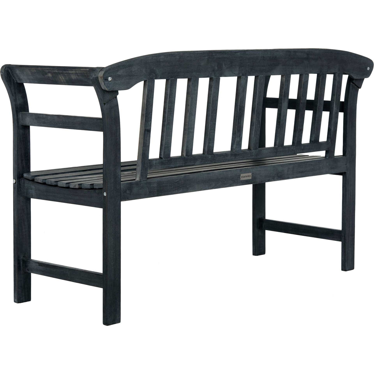 A gently curved top rail caps the slatted back of this dark slate gray acacia bench.