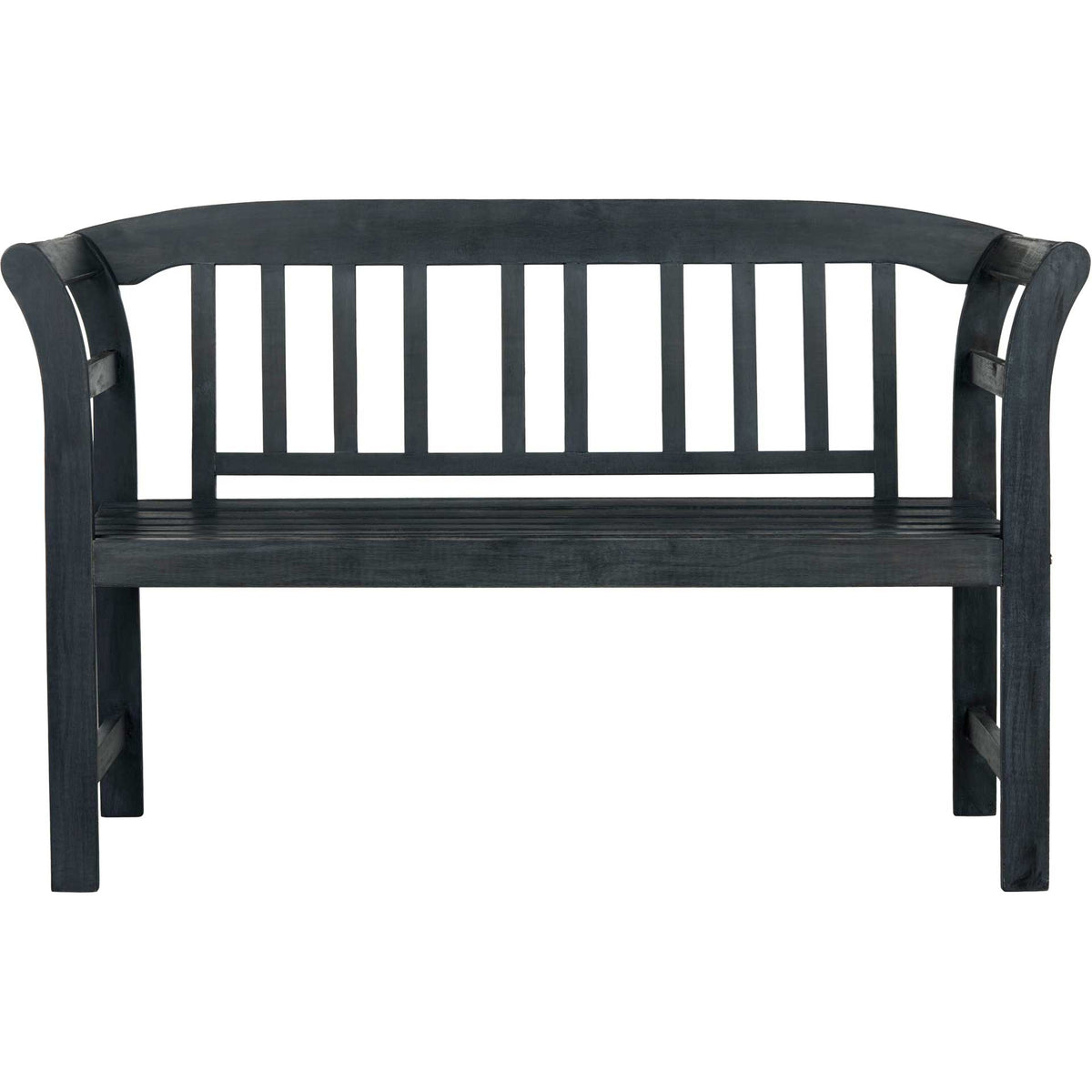 The arched top rail and upright slats bring classic character to this dark slate gray bench. || PAT6742K || front_studio