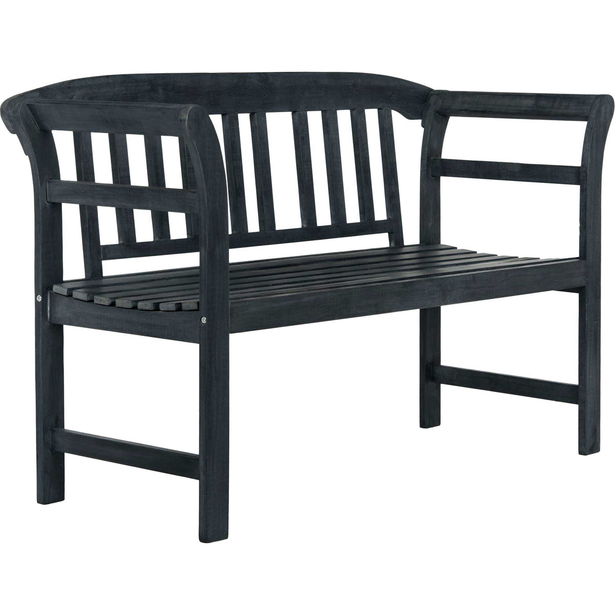 Dark slate gray acacia wood complements the curved back and slatted seat of this outdoor bench. || PAT6742K || front_angle_studio