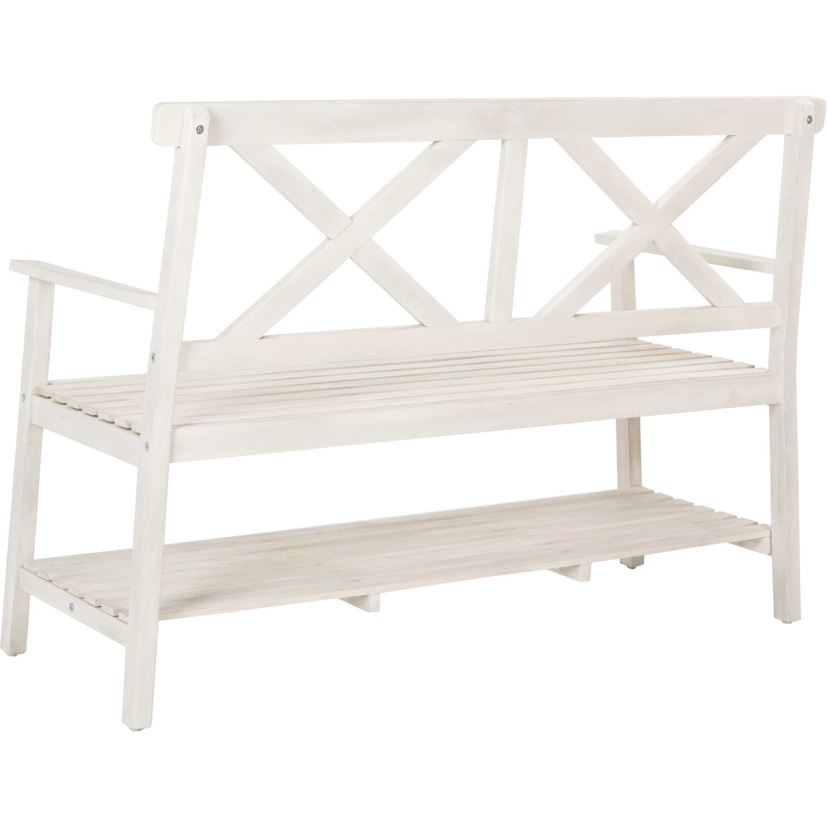 Cross-braced back, streamlined arms and lower storage shelf define this white acacia bench.