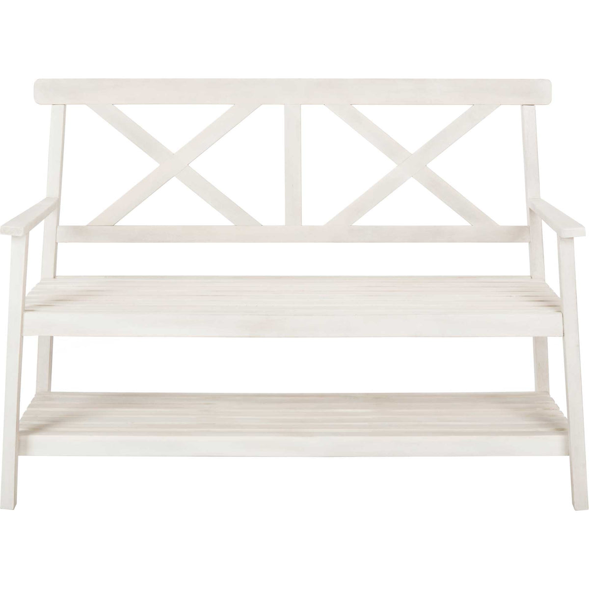 White two-seat bench has twin X-back panels, simple armrests and a slatted lower shelf. || PAT6744B || front_studio