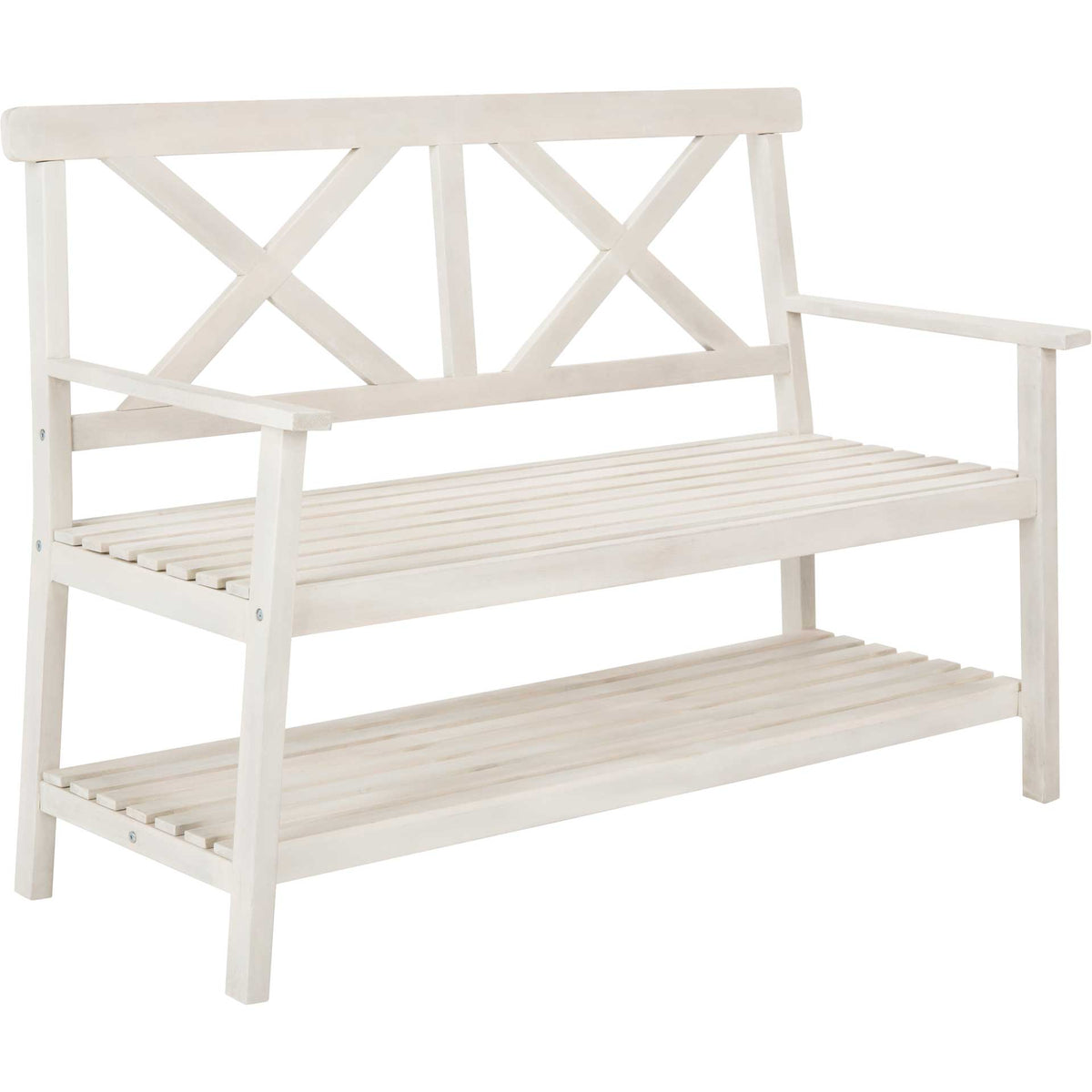 White acacia bench features a crossed backrest, slatted seat and long open shelf below. || PAT6744B || front_angle_studio