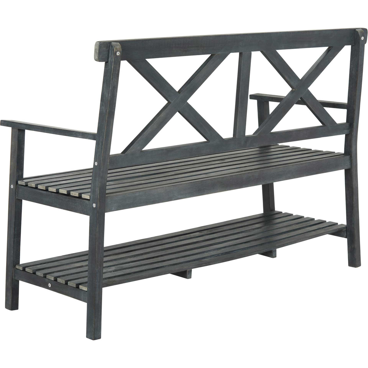 Dark slate gray acacia bench combines a double X-back with an open slatted shelf for storage.