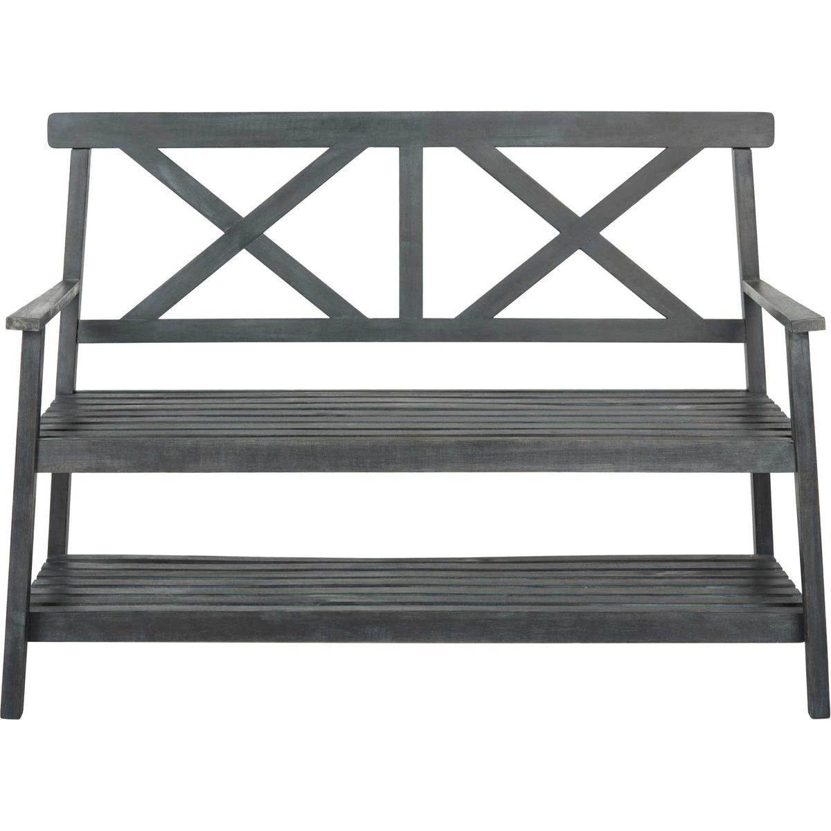 Dark slate gray two-seat bench features twin cross-braced back panels and a slatted storage shelf. || PAT6744C || front_studio