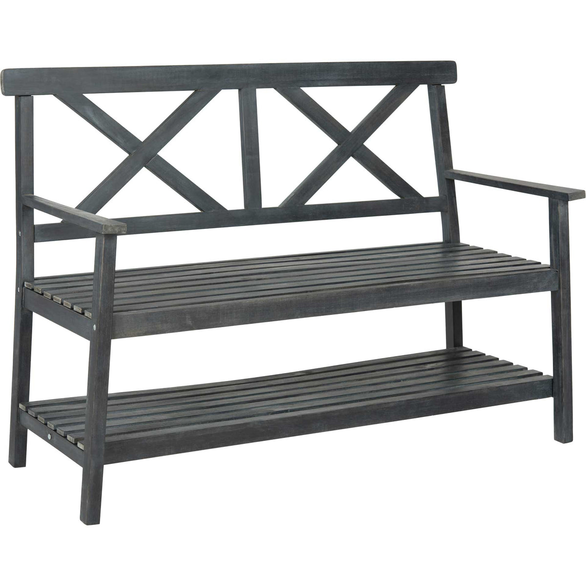 Dark slate gray acacia bench pairs an X-back design with a slatted seat and spacious shelf below. || PAT6744C || front_angle_studio
