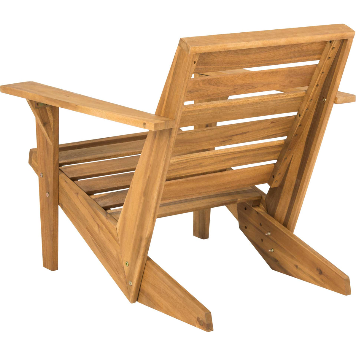 Natural-finish Adirondack chair with open slats and a strong, angular wood frame