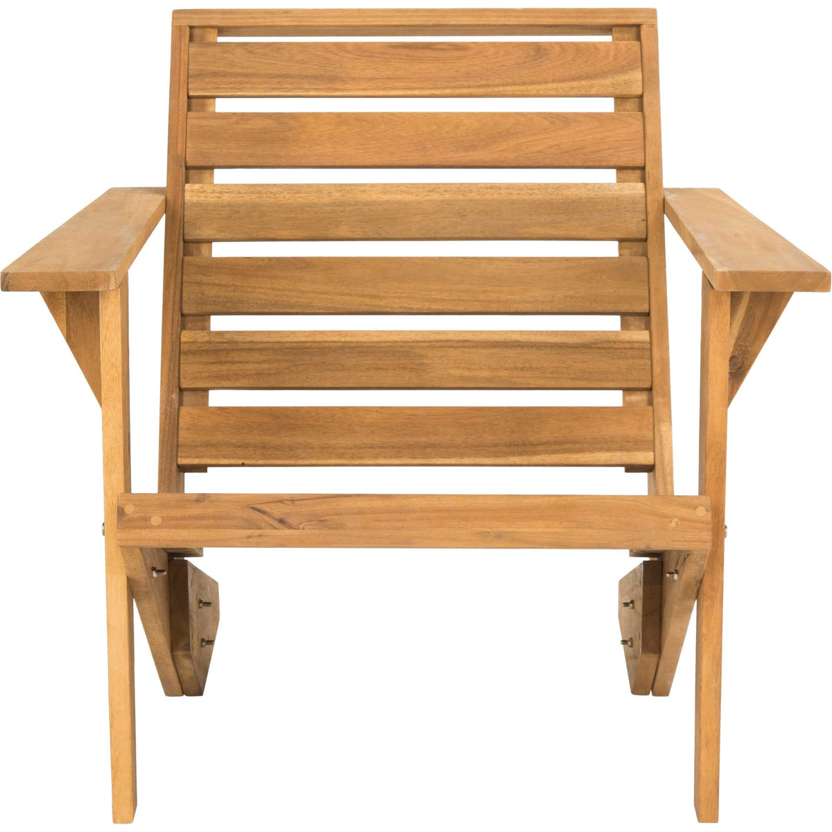 Honey-toned Adirondack chair with evenly spaced wood slats and generous plank arms || PAT6746A || front_studio