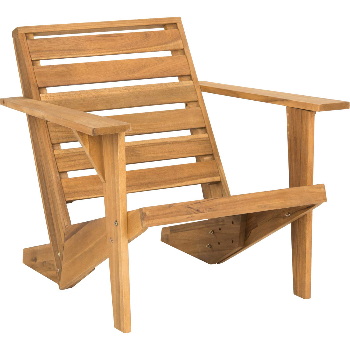 Natural acacia Adirondack chair with a slatted back, low seat, and broad flat armrests || PAT6746A || front_angle_studio