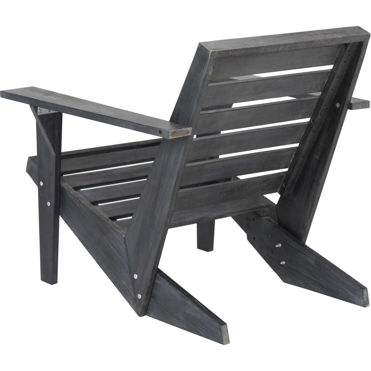 Slate gray wood Adirondack chair with angular supports and an open slatted design