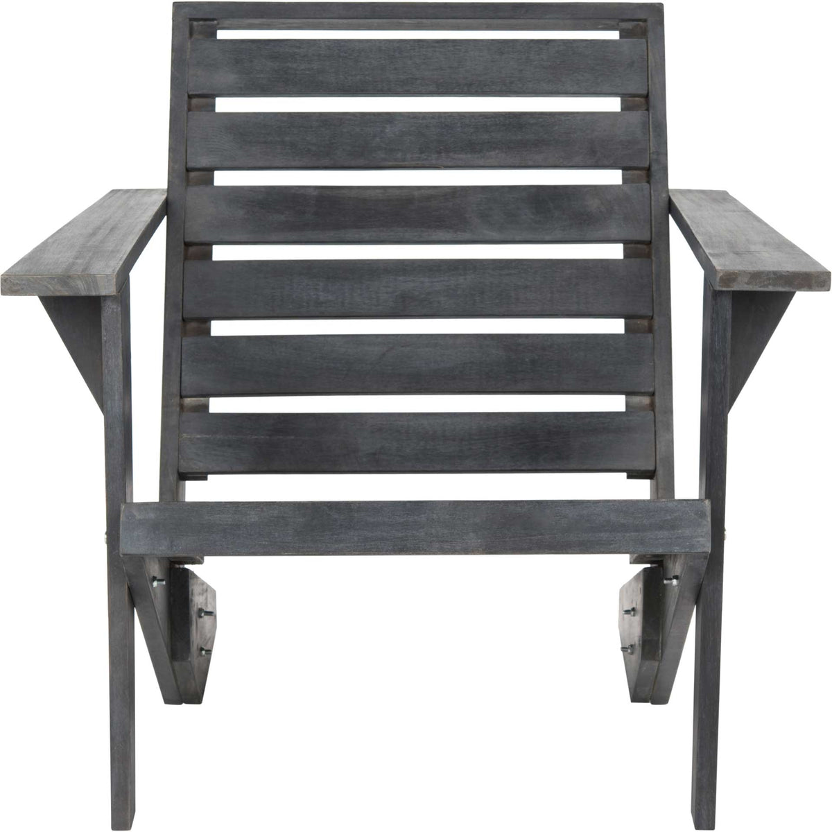 Dark gray wooden Adirondack chair with evenly spaced back slats and wide, flat arms || PAT6746B || front_studio