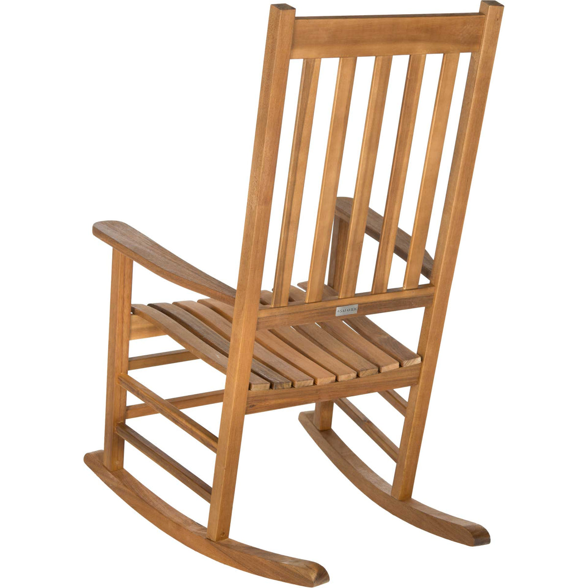 Natural wood grain frames the vertical back slats, supportive crossbars, and curved rockers