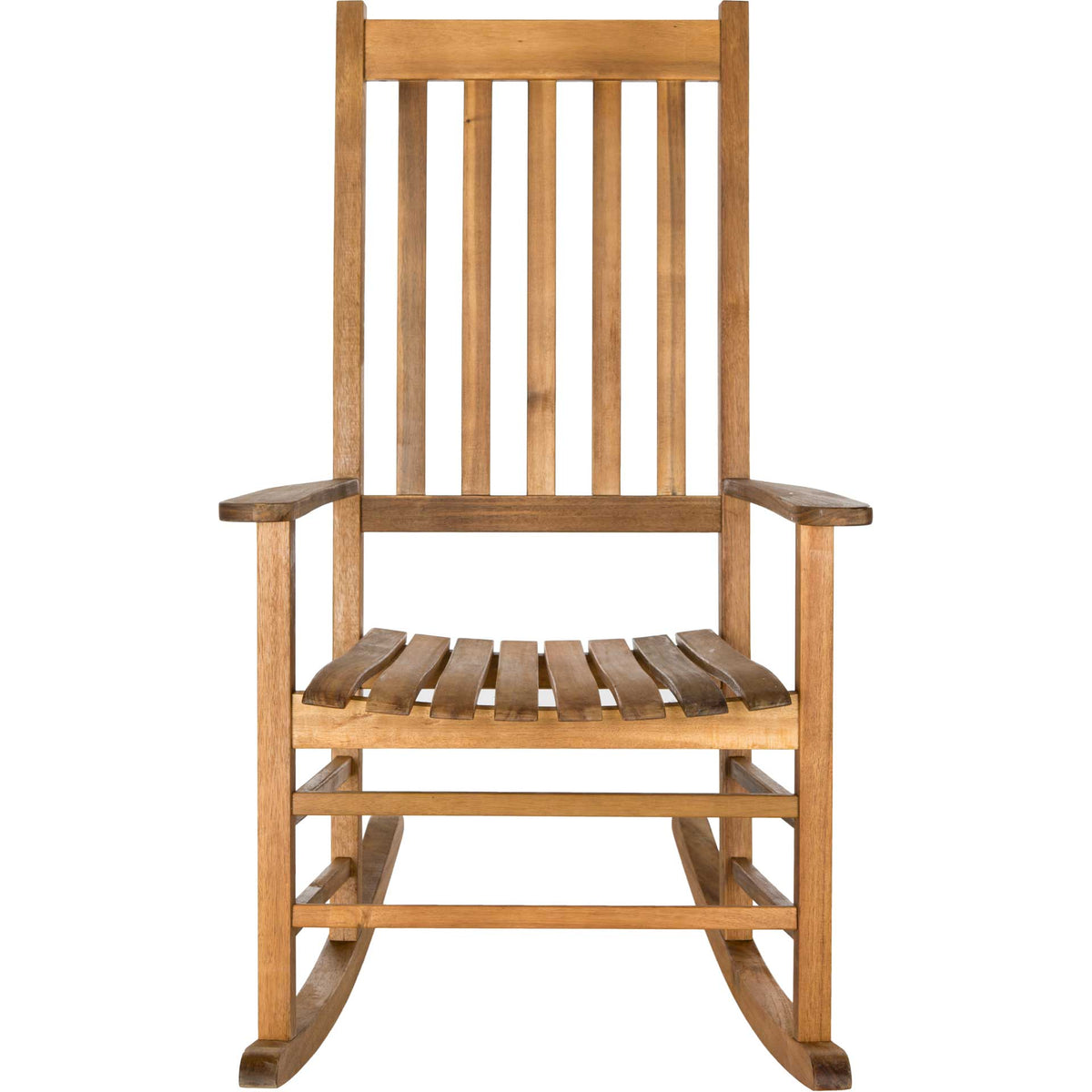 Natural acacia rocking chair features a tall slatted back, open seat, and broad armrests || PAT7002A || front_studio
