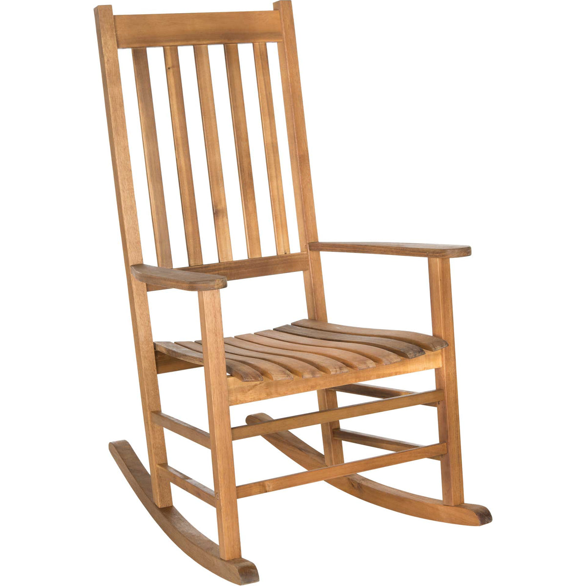 Warm acacia wood accents the gently reclined slatted back, wide arms, and curved rocker rails || PAT7002A || front_angle_studio