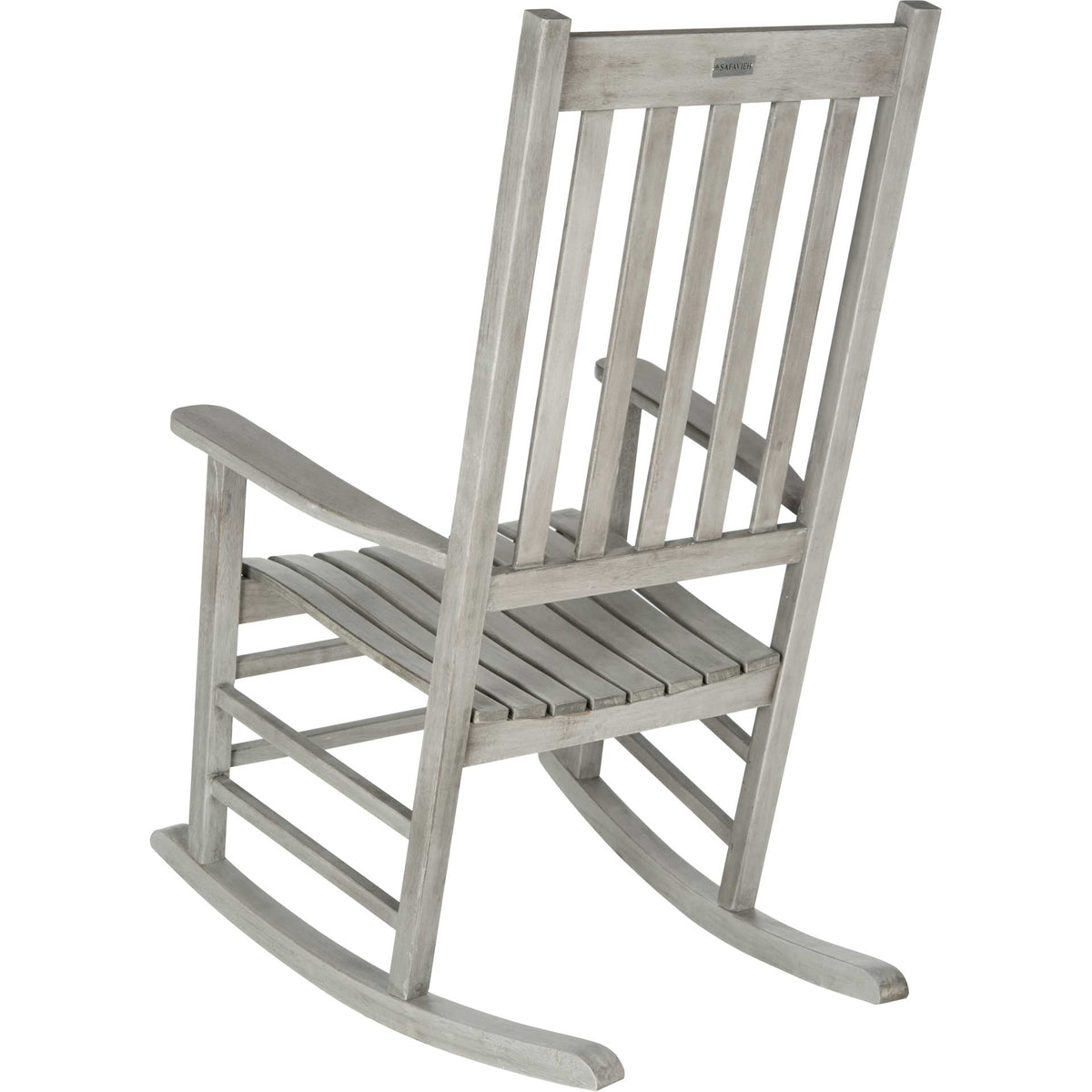 Gray wash highlights the tall slatted back, sturdy crossbars, and curved rocker rails