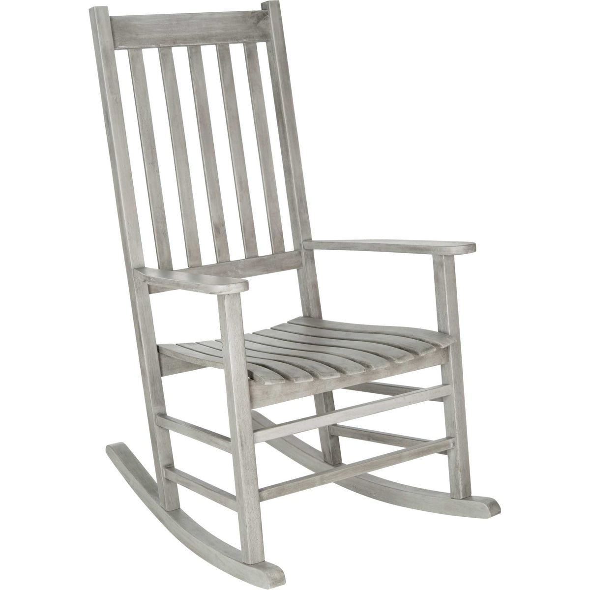 Broad armrests and curved rocker rails add easygoing comfort to this gray-washed wooden chair || PAT7002B || front_angle_studio