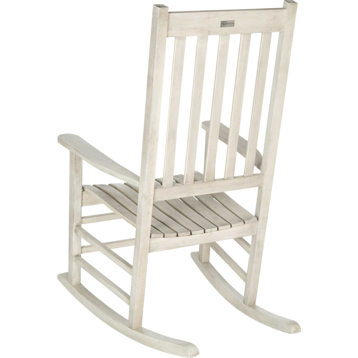 Tall vertical slats, crossbar supports, and curved rockers shape this whitewashed wooden chair