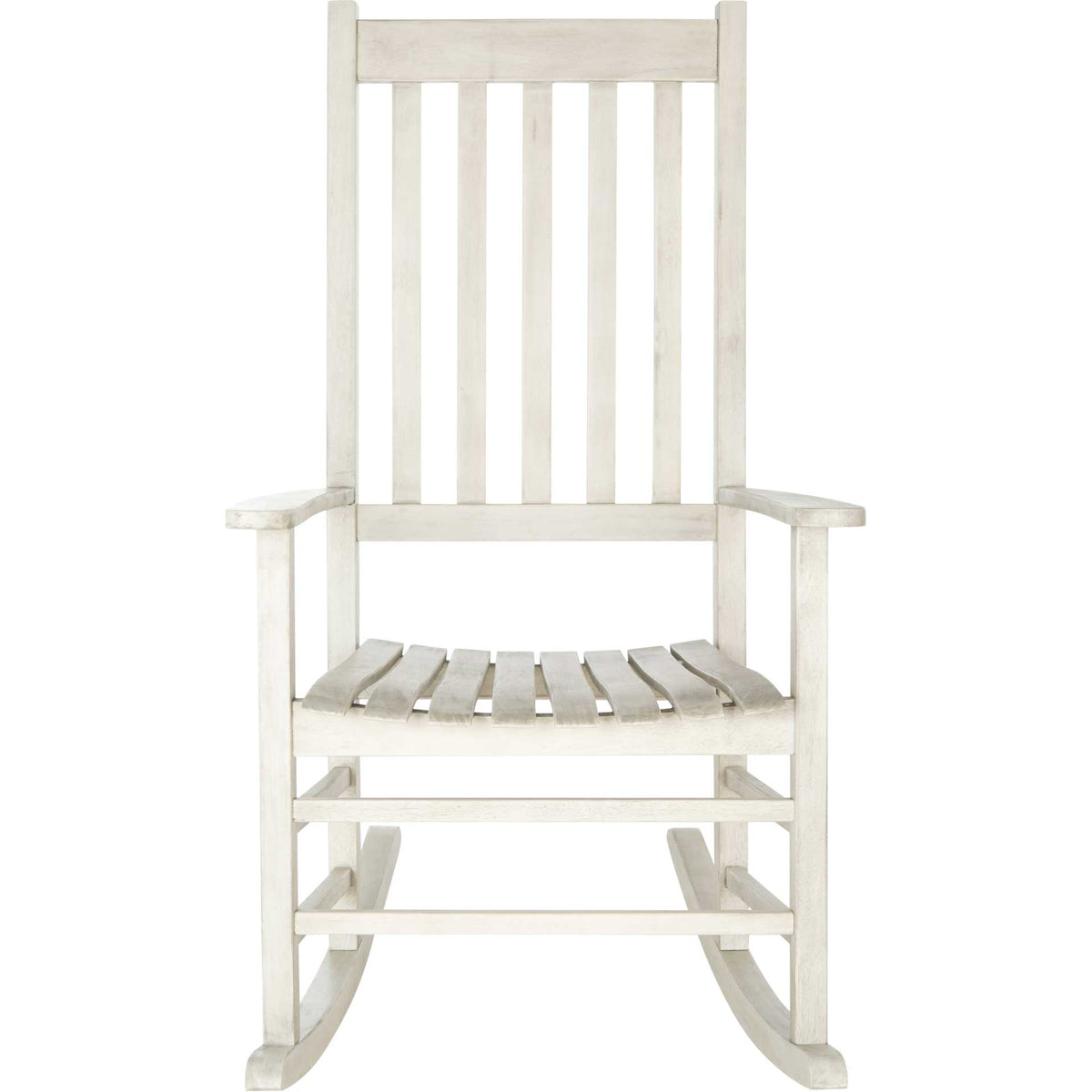Whitewashed acacia rocking chair features tall back slats, an open seat, and broad armrests || PAT7002C || front_studio