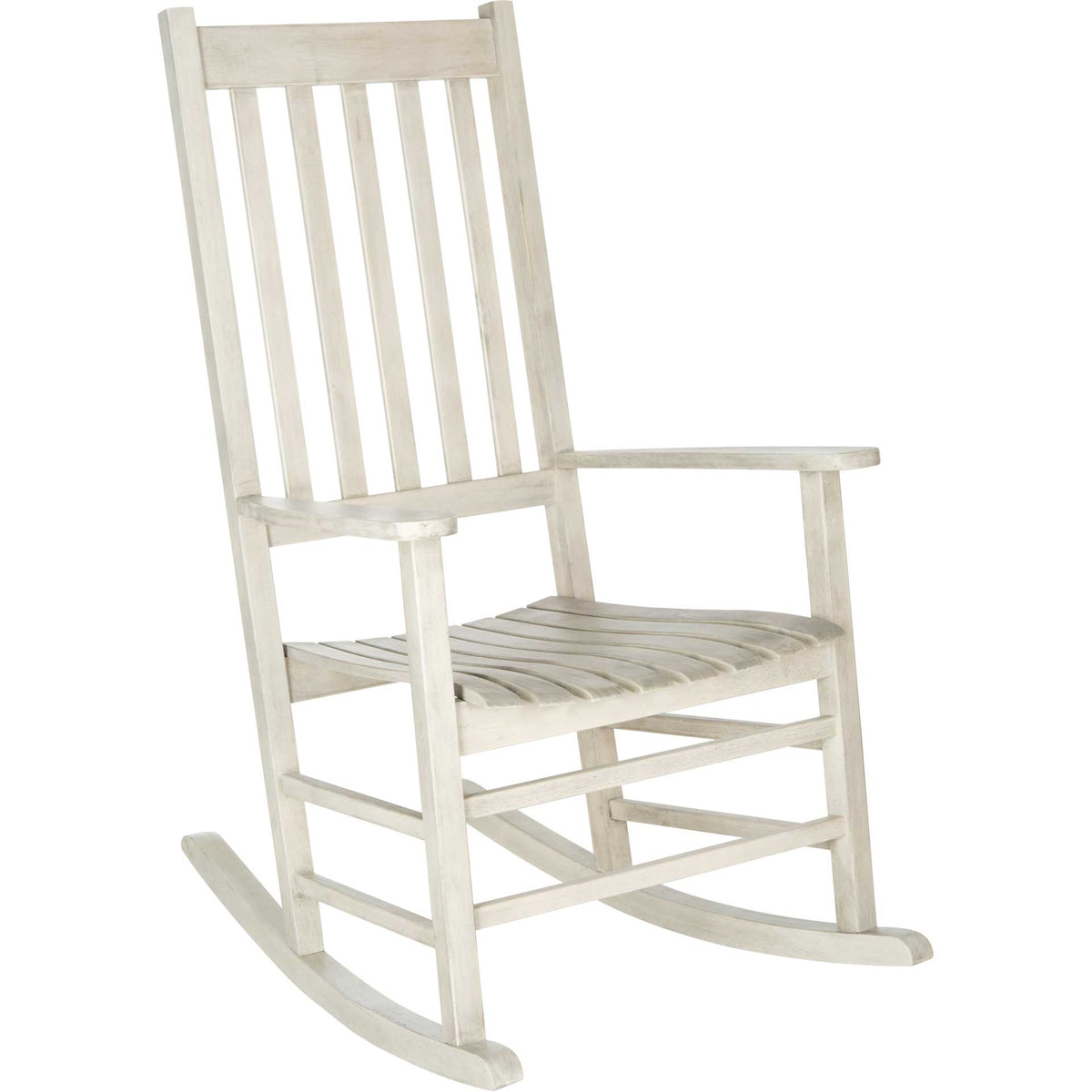 A softly whitewashed finish complements curved rocker rails and a gently reclined slatted back || PAT7002C || front_angle_studio