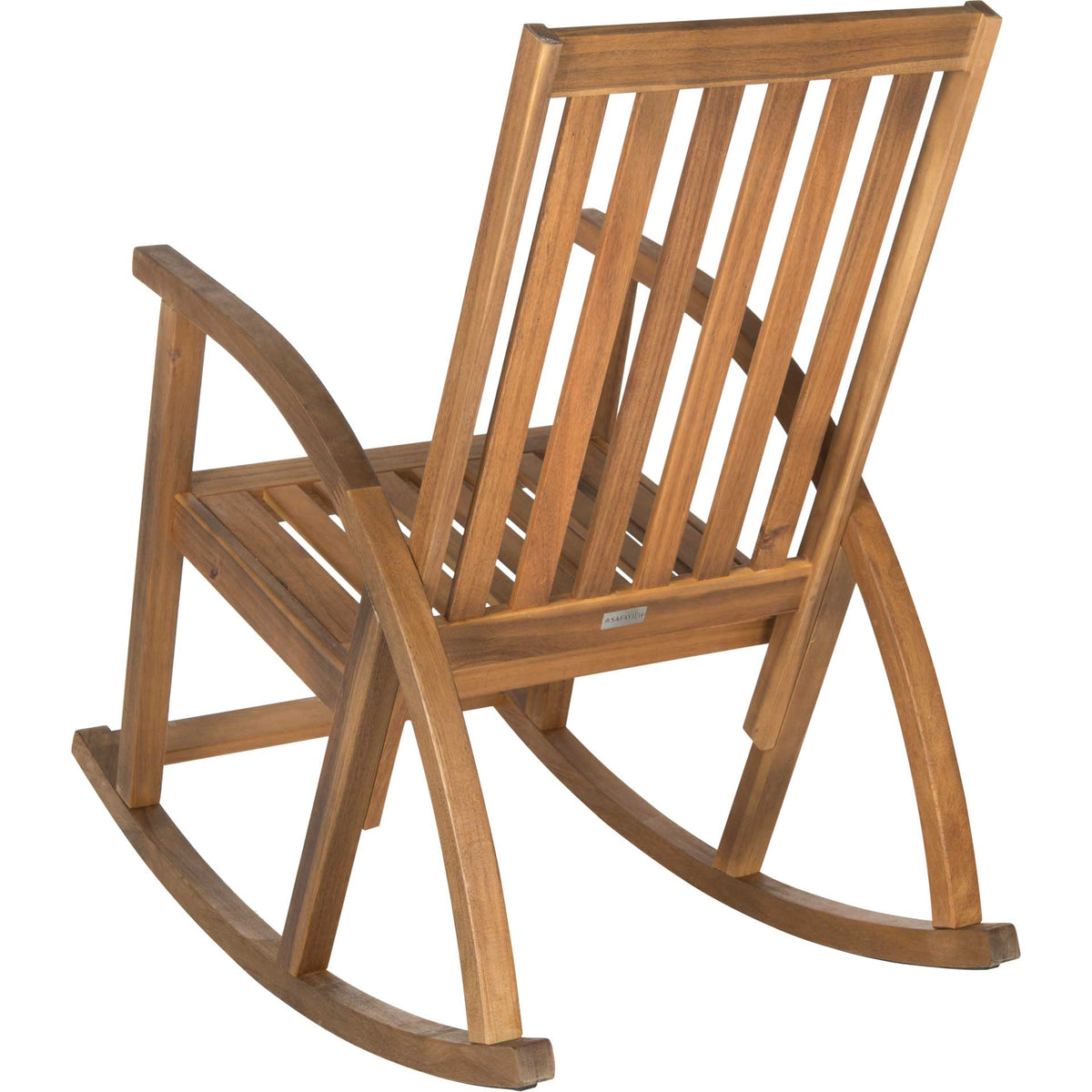 Natural wood rocking chair with an open slatted back and smooth, curved runners