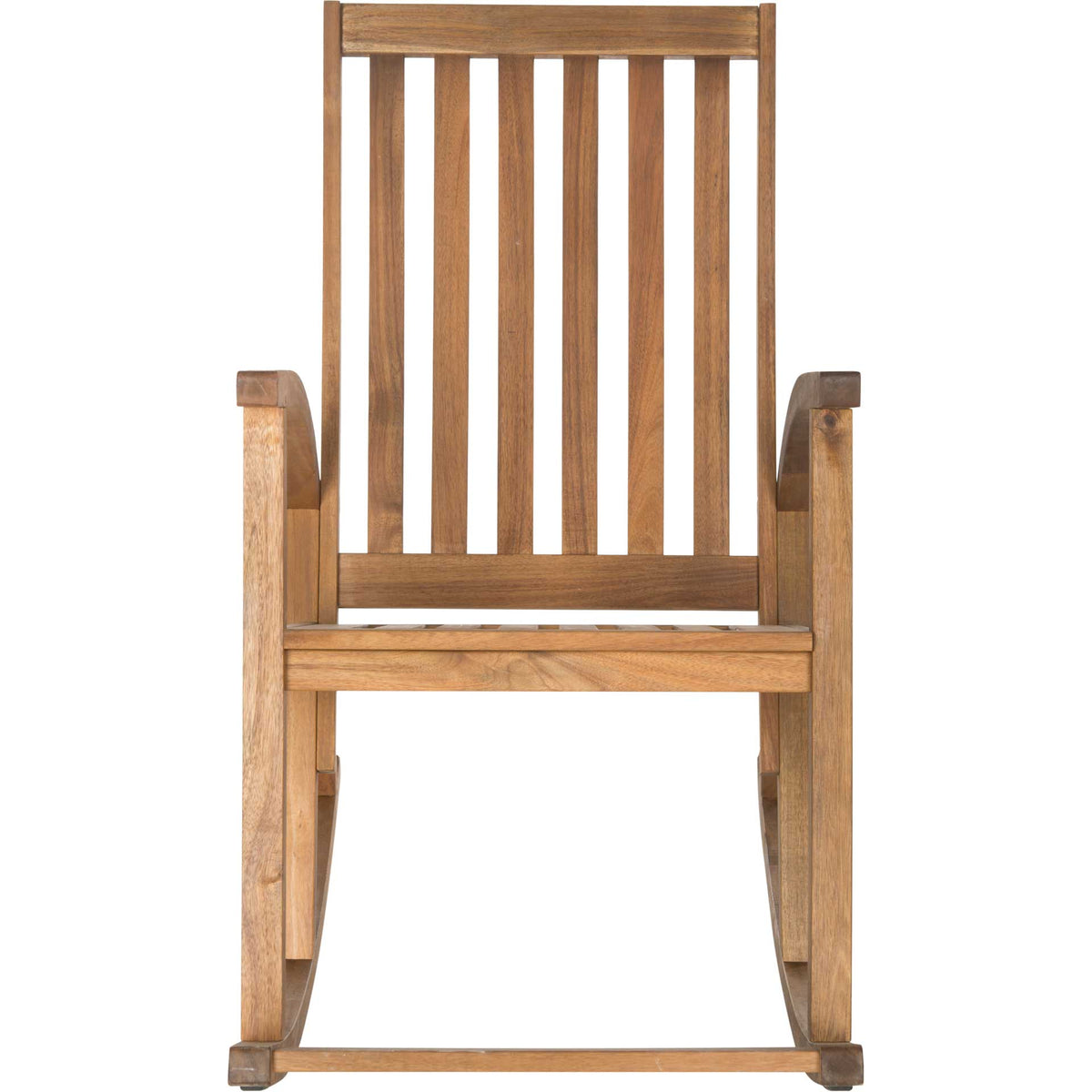 Honey-toned acacia rocker with a tall slatted back and wooden armrests || PAT7003A || front_studio