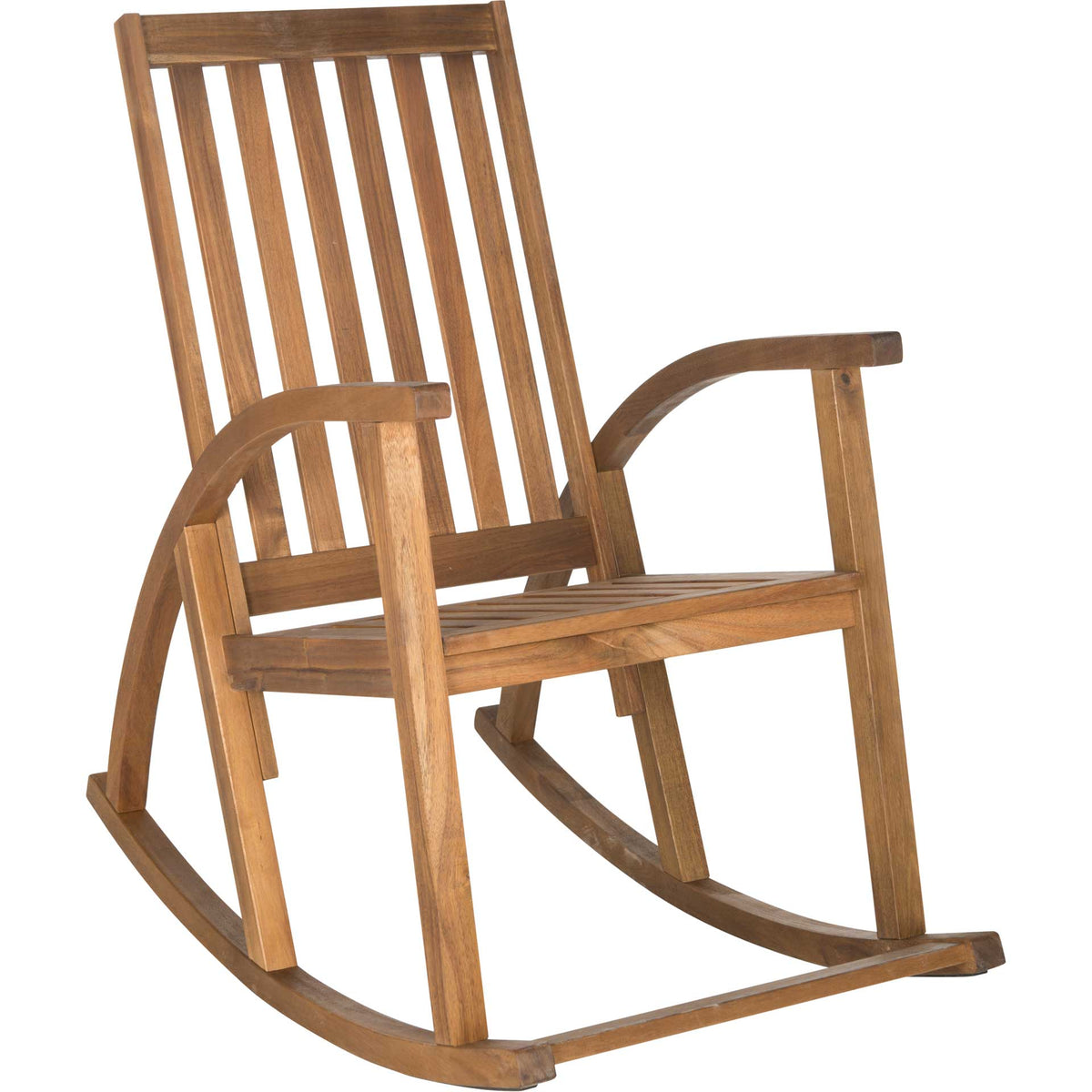Natural acacia rocking chair with warm wood grain, curved arms and arched runners || PAT7003A || front_angle_studio