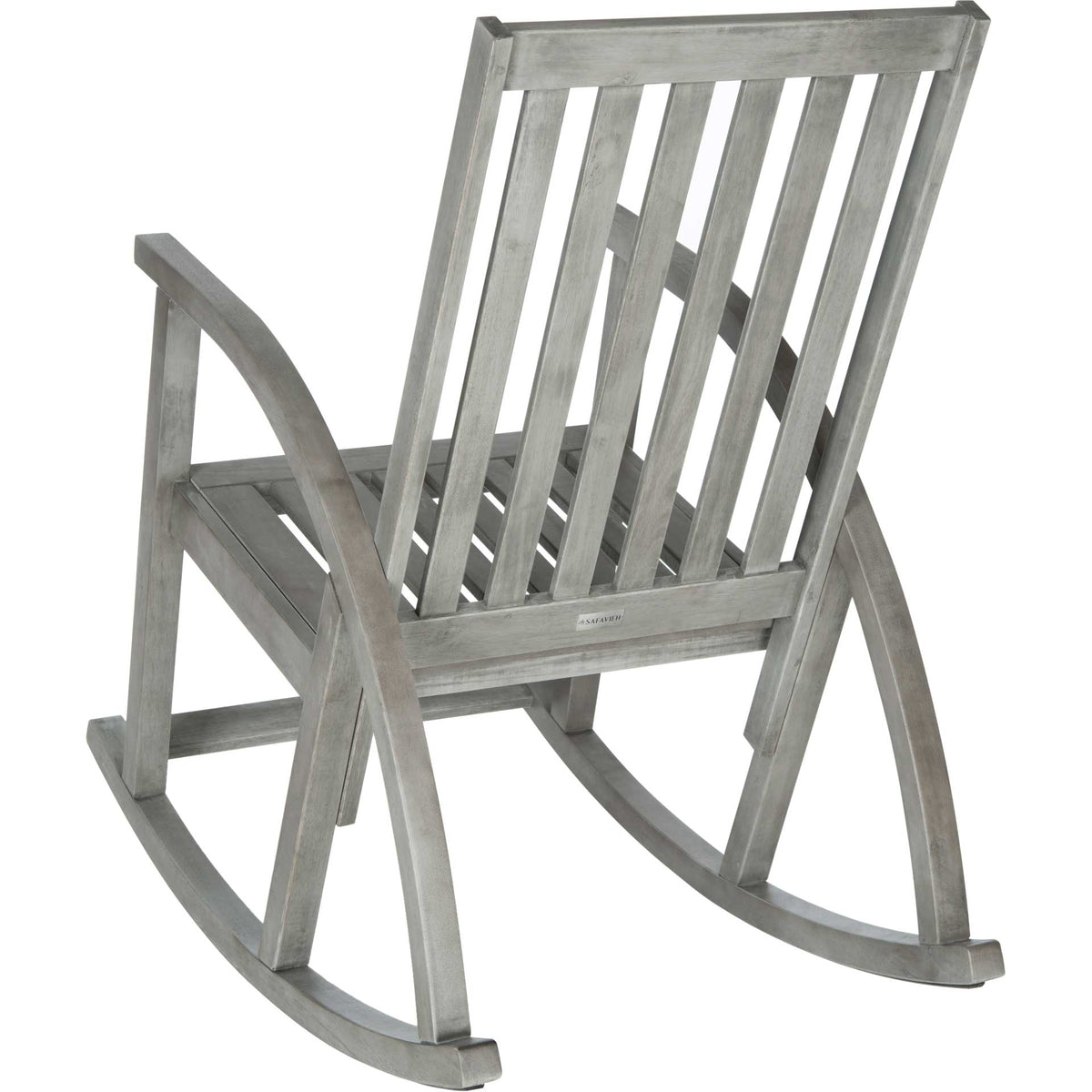 Gray acacia rocking chair with an airy slatted back and arching wooden side supports