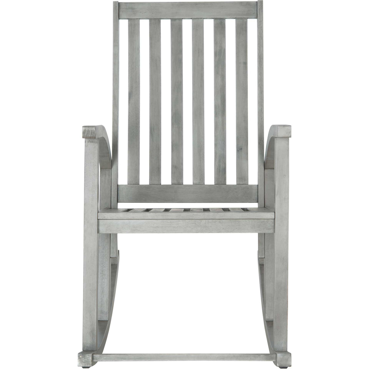 Gray-washed wood rocker with a tall slatted back and gracefully curved armrests || PAT7003B || front_studio