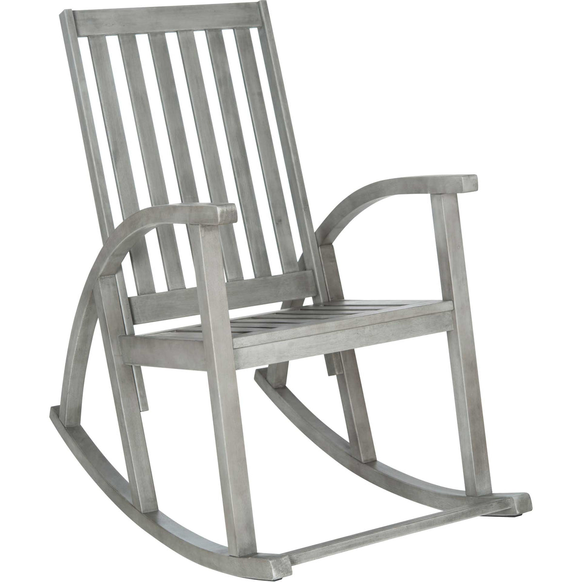 Gray-washed acacia rocking chair with a slatted seat, sweeping arms and curved runners || PAT7003B || front_angle_studio