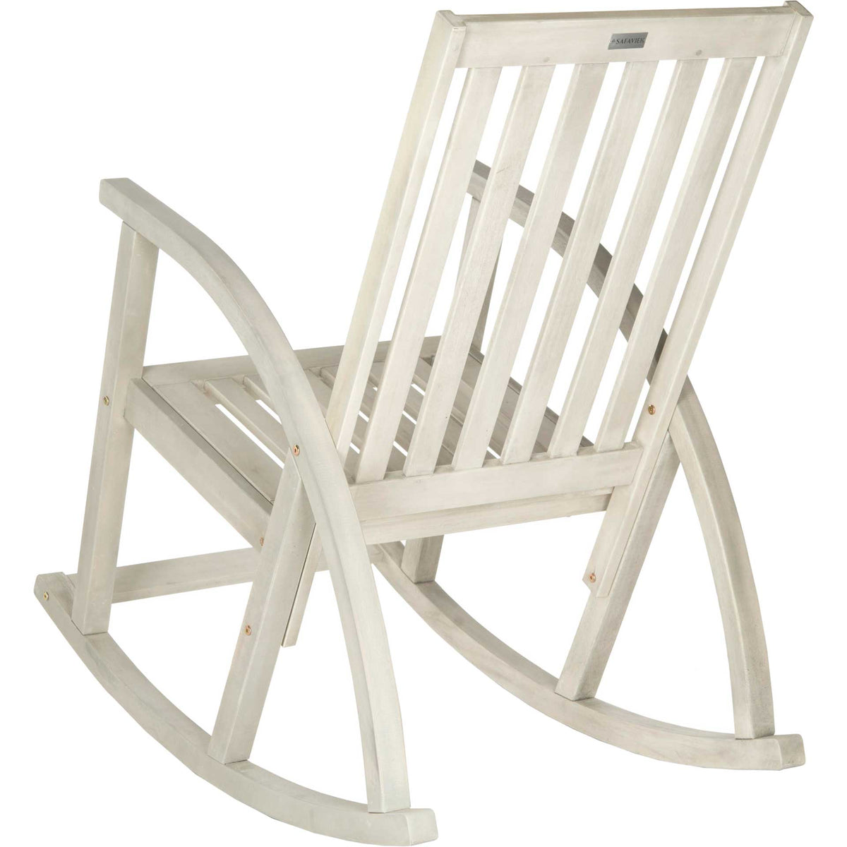 Whitewashed acacia rocking chair with slender back slats and sturdy wooden runners
