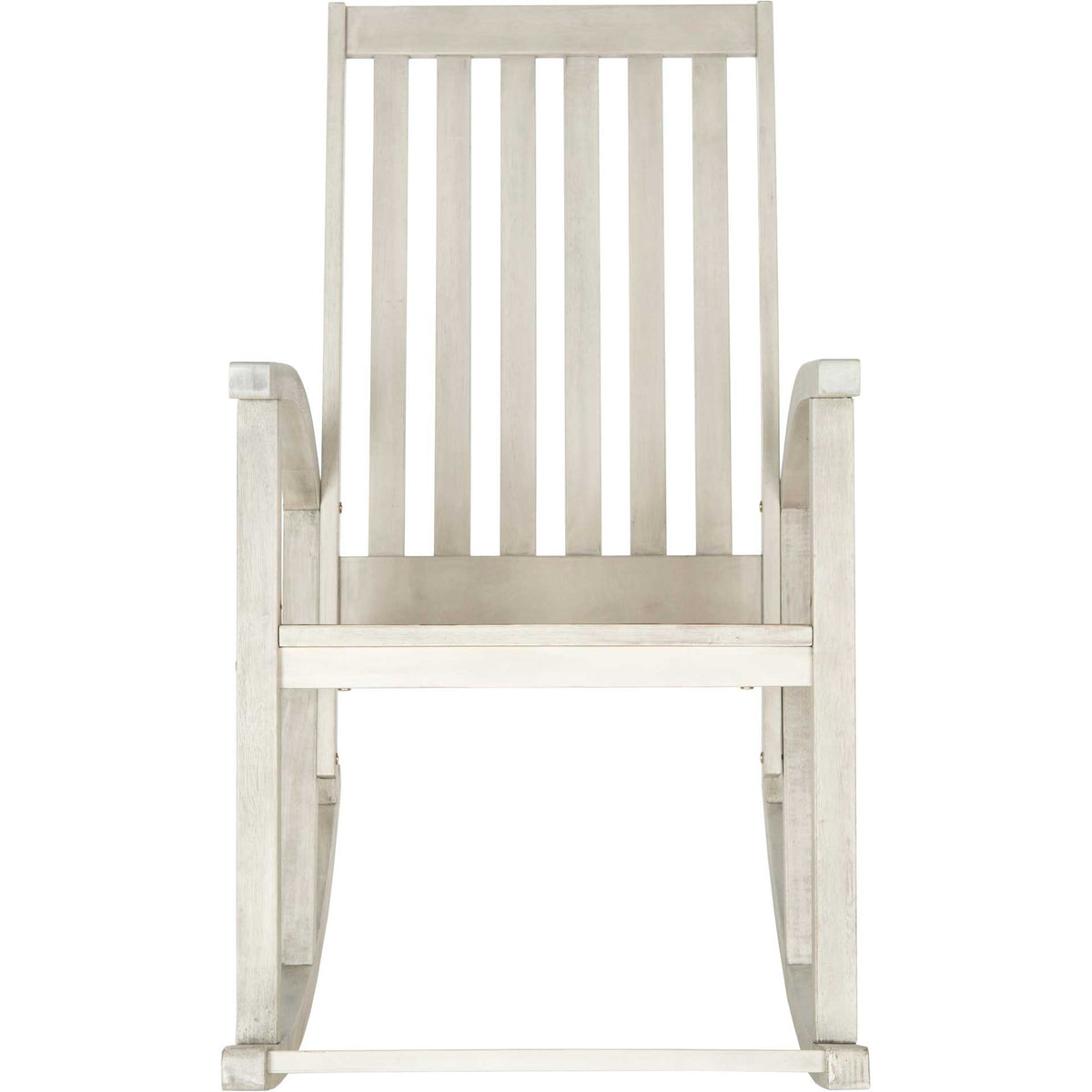 Whitewashed wooden rocker with a tall slatted back and softly curved armrests || PAT7003C || front_studio