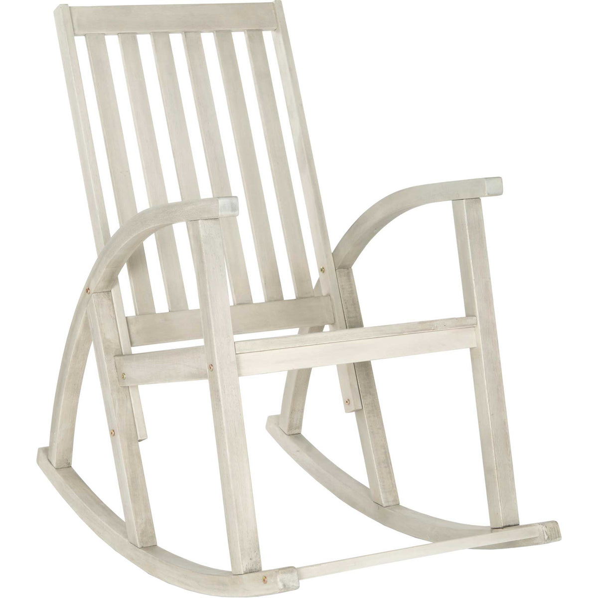 Whitewashed acacia rocking chair with a slatted seat, arching arms and curved runners || PAT7003C || front_angle_studio