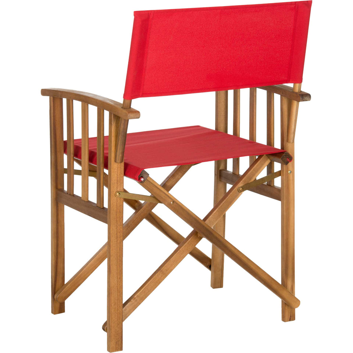 Natural acacia rails and crossing supports complement the bold red fabric back and seat