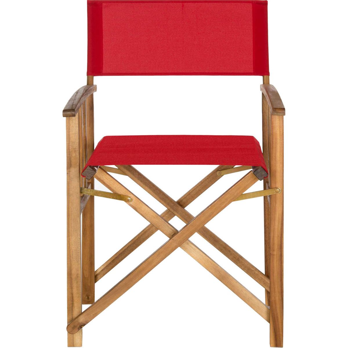 Red all-weather seat and back fabric stands out against the chair's natural wood folding frame || PAT7004A-SET2 || front_studio