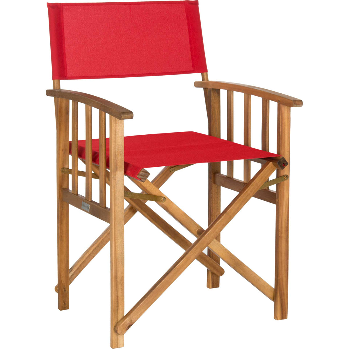 Bright red fabric adds a lively touch to the natural acacia frame and curved, slatted arms || PAT7004A-SET2 || front_angle_studio
