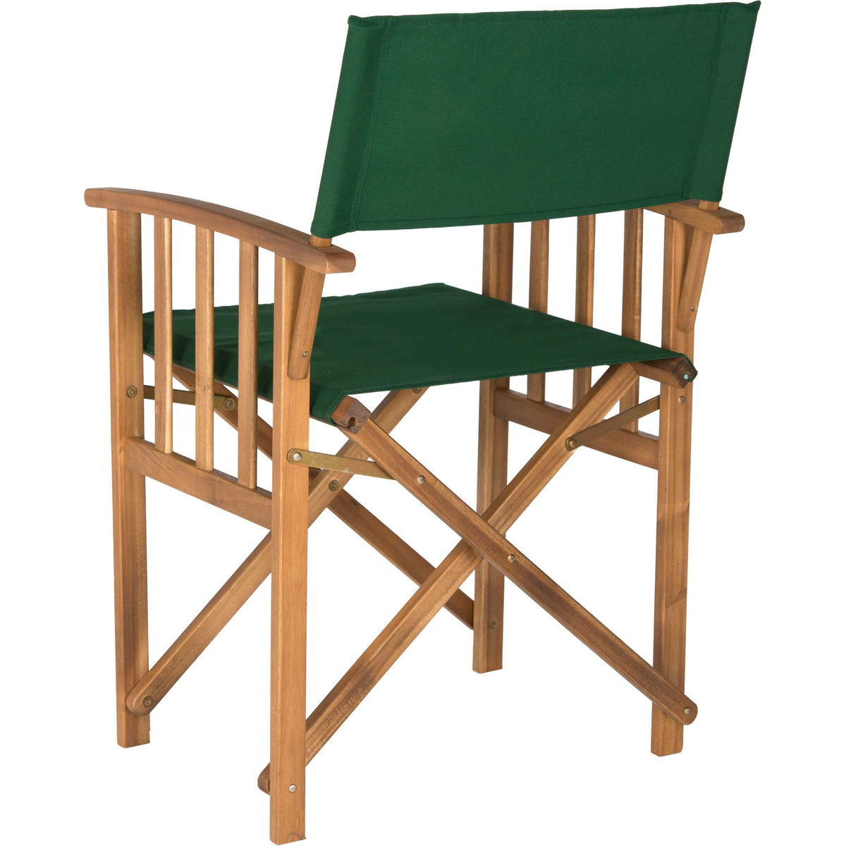 Green fabric spans the backrest and seat above slatted wood arms and X-frame supports