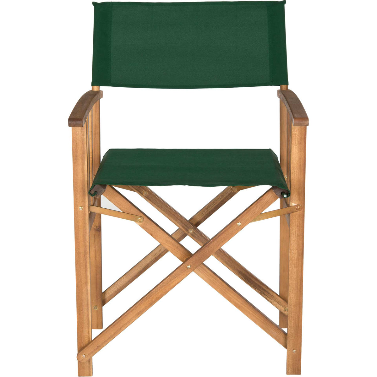 A deep green sling seat and back contrast with warm acacia wood and crossed folding braces || PAT7004B-SET2 || front_studio