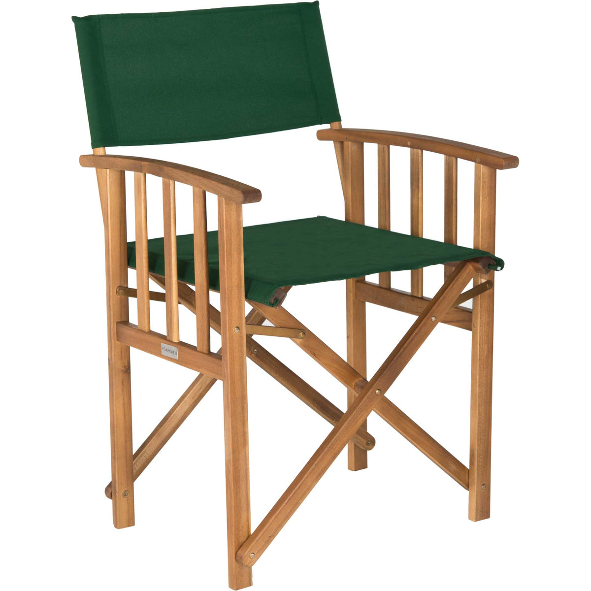 Forest green fabric lends rich color to a natural acacia chair with curved, slatted armrests || PAT7004B-SET2 || front_angle_studio