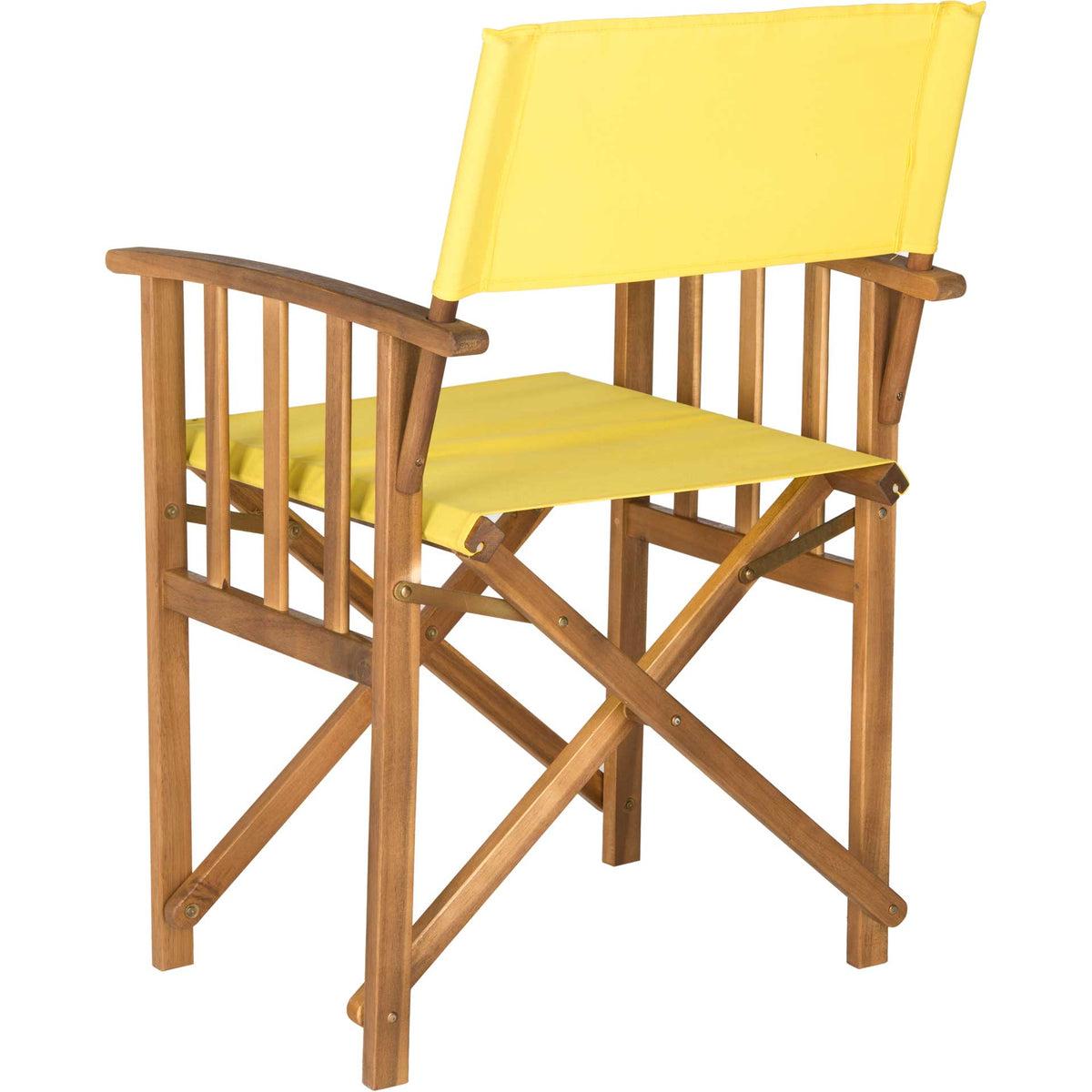 Slatted acacia arms and sturdy crisscross braces accent the cheerful yellow fabric