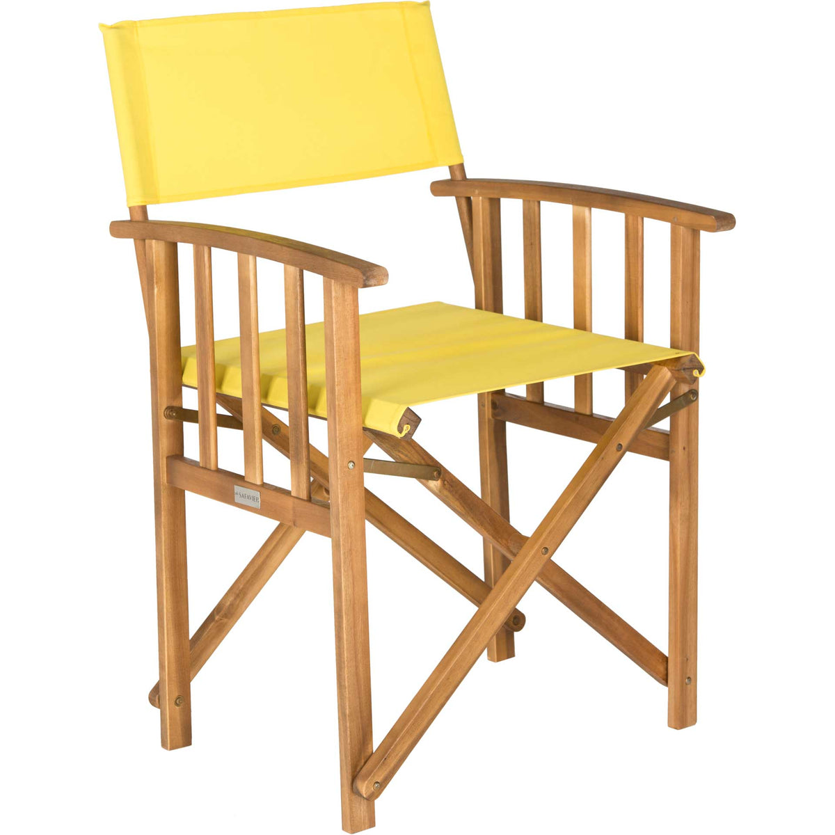 Sunny yellow fabric brightens natural acacia wood arms and the open folding frame || PAT7004C-SET2 || front_angle_studio