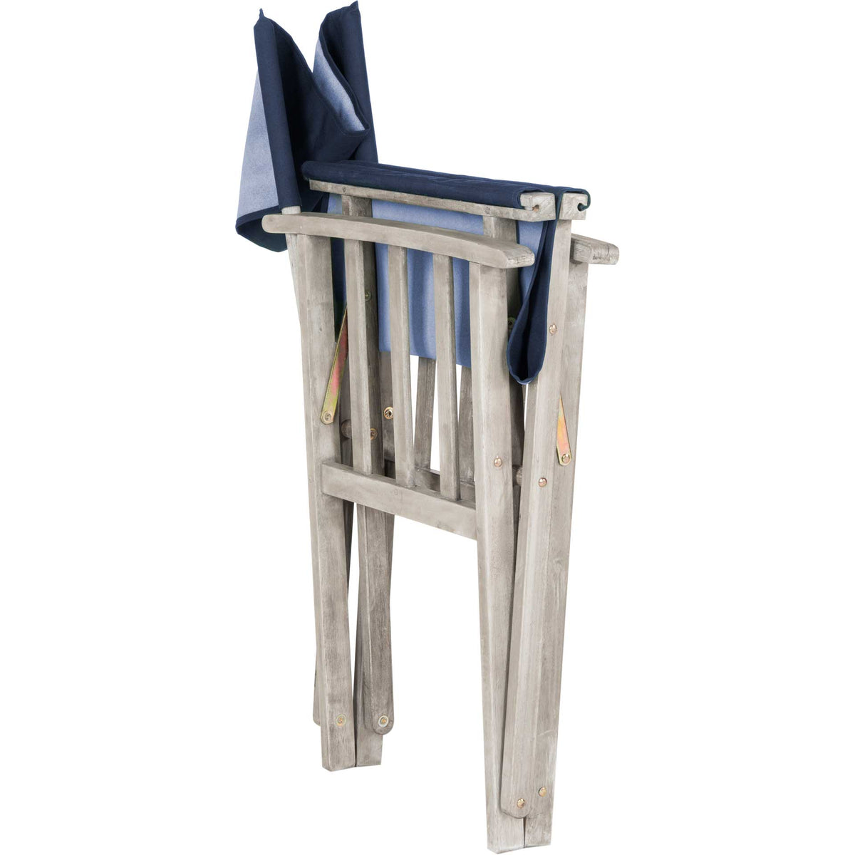 The gray-washed acacia frame folds compactly around its navy fabric seat and back