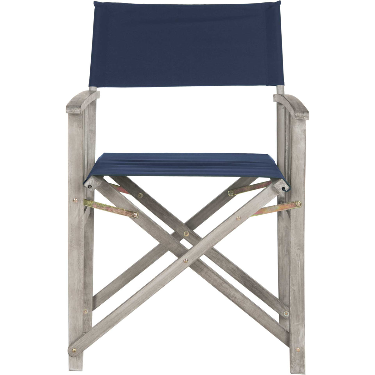 Navy all-weather fabric contrasts with gray-washed acacia and crossed wood supports || PAT7004D-SET2 || front_studio