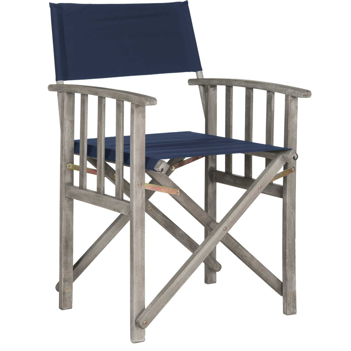 Curved, slatted gray-washed acacia arms frame a deep navy sling seat and backrest || PAT7004D-SET2 || front_angle_studio