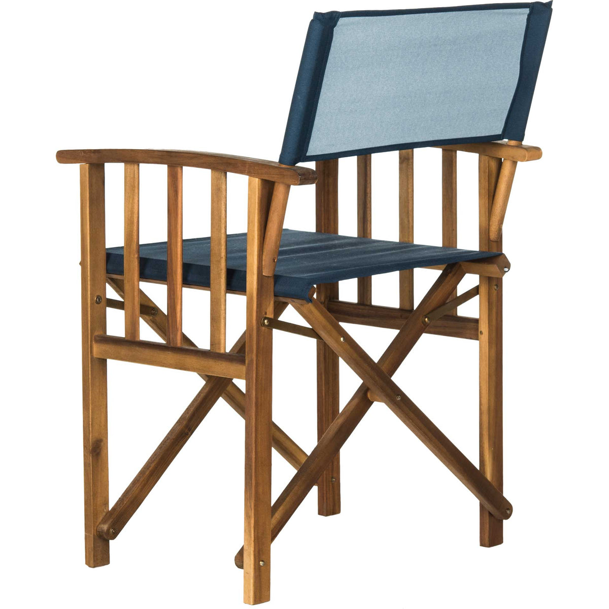 The pale blue reverse of the navy backrest complements slatted acacia arms and crossed supports
