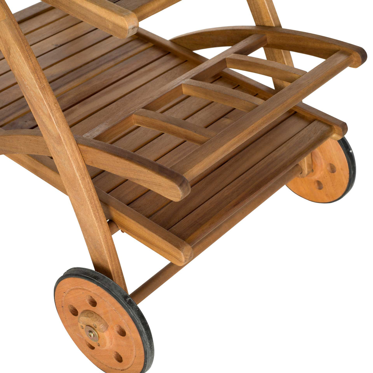 A raised bottle rack and slatted lower shelf keep refreshments organized above broad wood wheels.