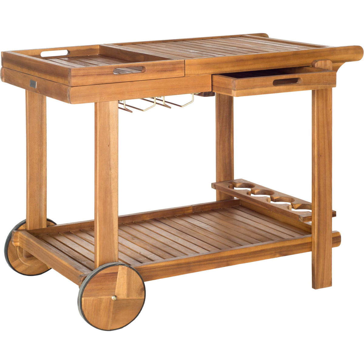 Wheeled serving cart has an open drawer, hanging stemware holders and a spacious slatted lower shelf.