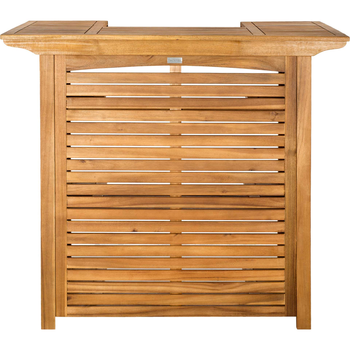 Natural acacia bar table pairs a broad serving top with clean horizontal slats || PAT7011A || front_studio