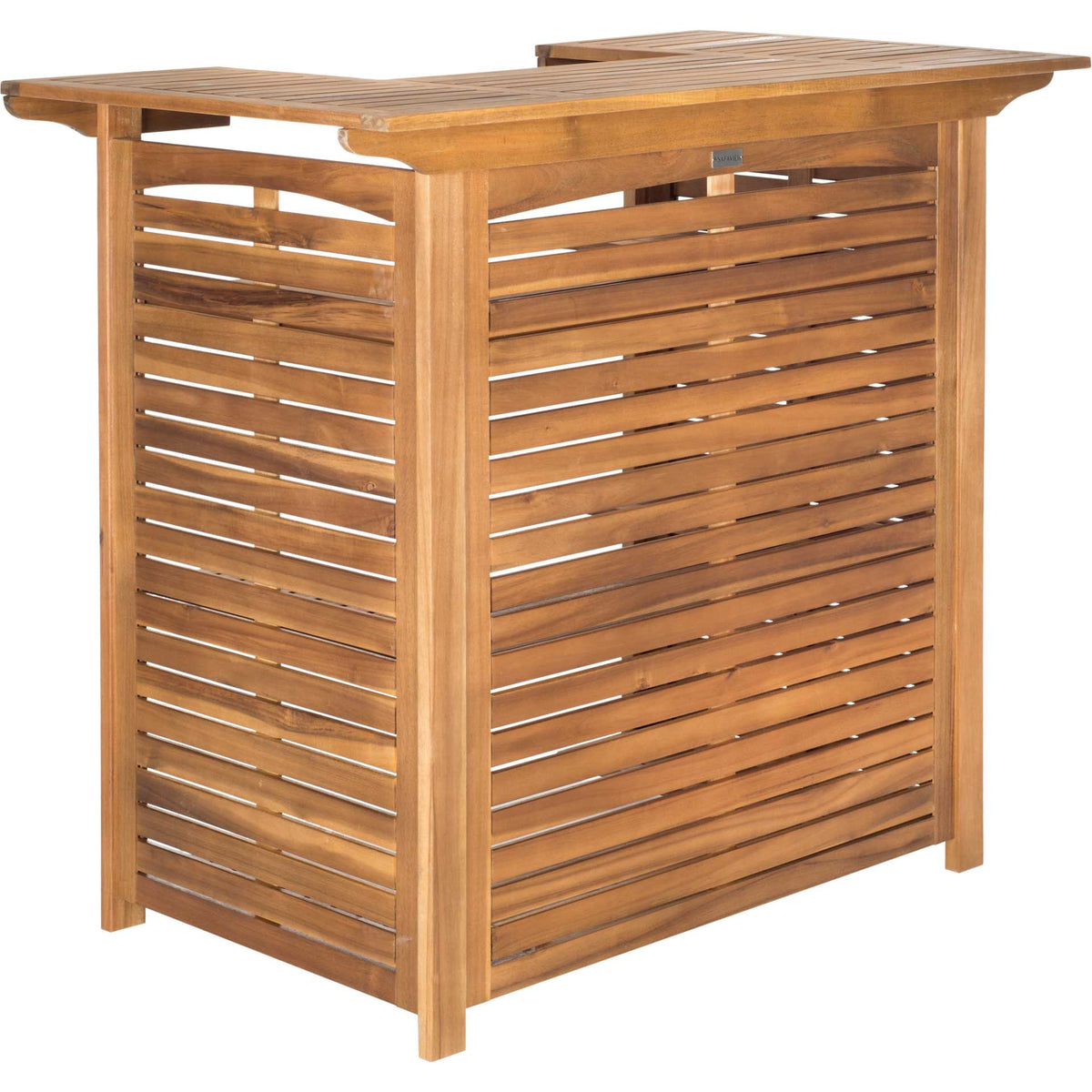 Warm wood grain and slatted panels bring relaxed style to this outdoor bar table