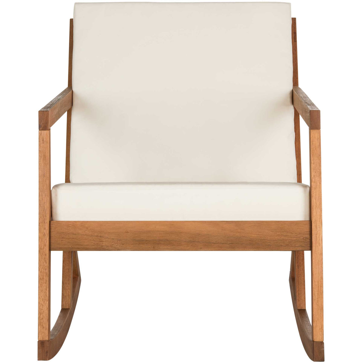 Natural eucalyptus wood and tailored beige cushions give this rocking chair an inviting look. || PAT7013A || front_studio