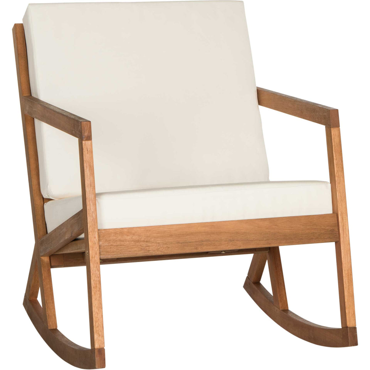 Warm natural wood and plush beige cushions rest on smoothly curved rocking rails. || PAT7013A || front_angle_studio